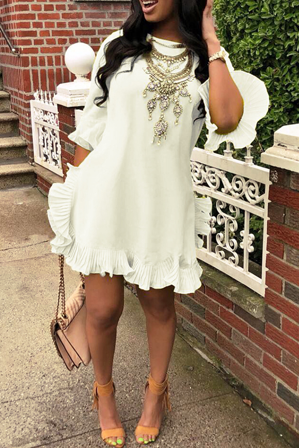 

Lovely Sweet Ruffle Design White Blending Mini Dress