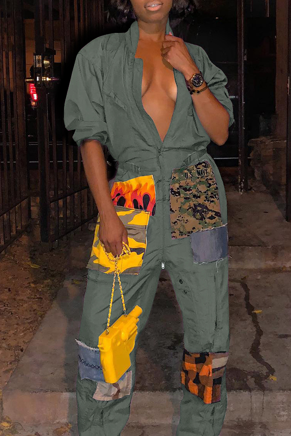 

Lovely Euramerican Patchwork Green One-piece Jumpsuit