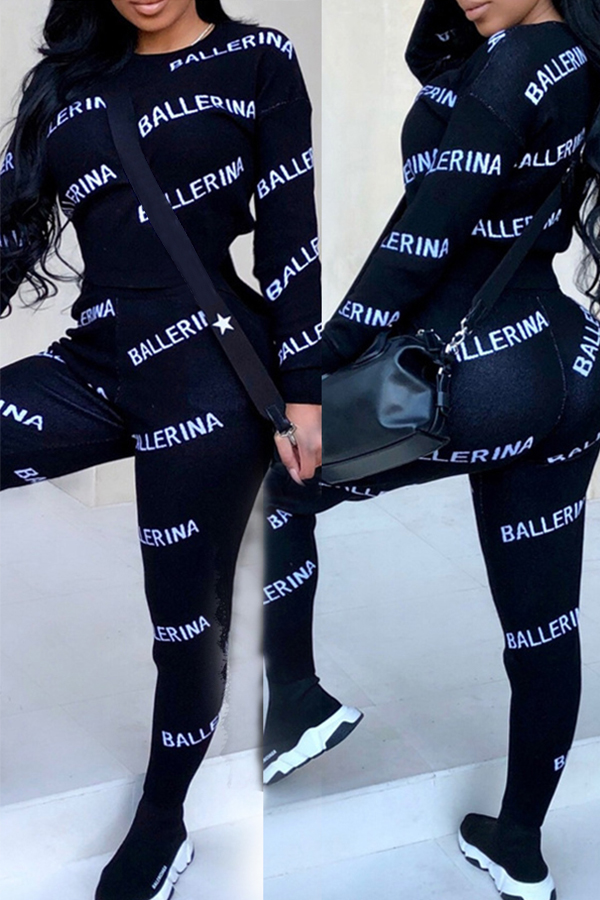 

Lovely Casual Letters Printed Skinny Black Two-piece Pants Set