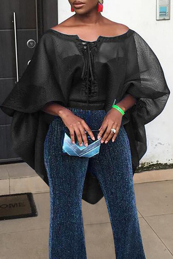 

Lovely Sweet Lantern Sleeves See-Through Black Shirts