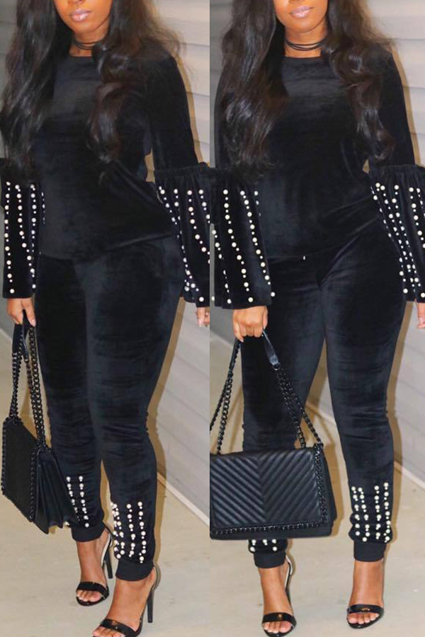 

Lovely Sweet Pearl Decorative Black Two-piece Pants Set