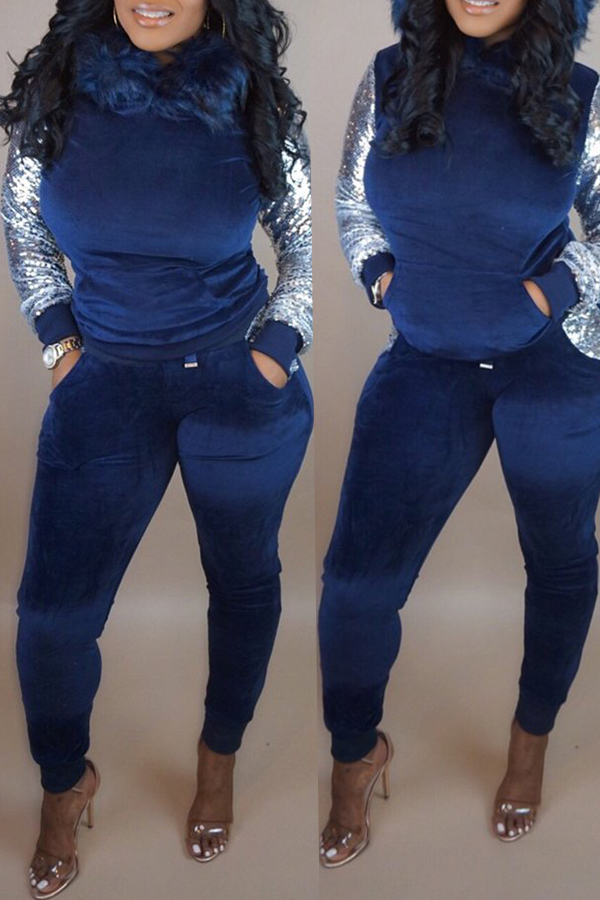 

Lovely Casual Sequined Patchwork Blue Two-piece Pants Set