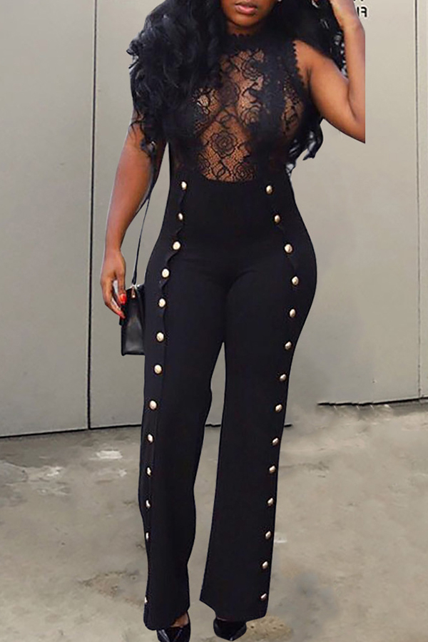 

Lovely Trendy Lace Patchwork Black Blending One-piece Jumpsuit