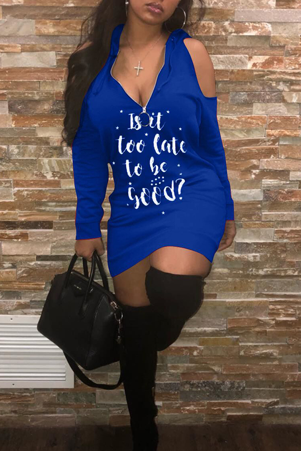 

Lovely Fashionable Letters Printed Blue Blending Mini Dress