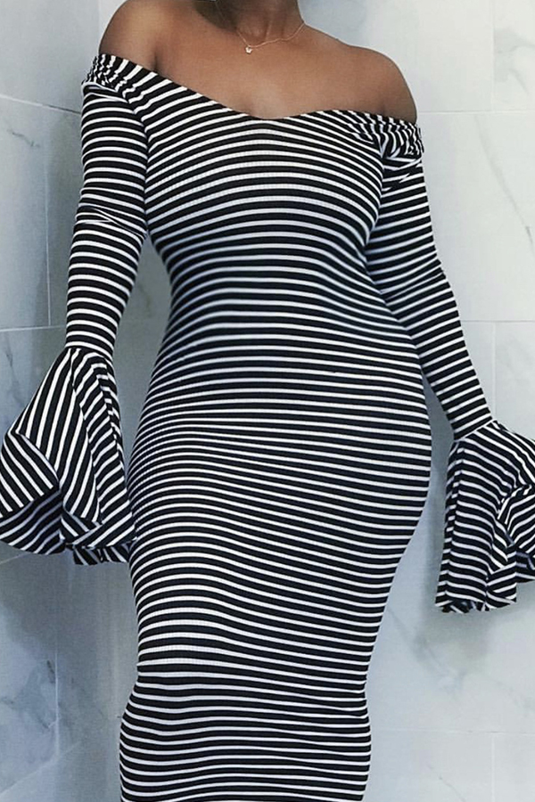 

Lovely Temperament Striped Black And White Blending Mid Calf Dress