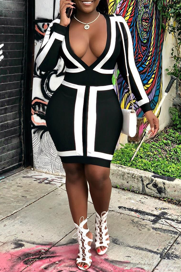 

Lovely Trendy Patchwork Black Mini Dress