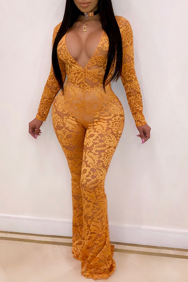 

Lovely Sexy Hollowed-out Yellow Lace One-piece Jumpsuit