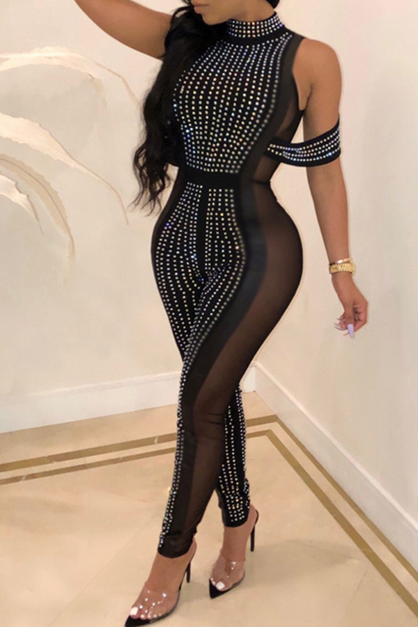 

Lovely Sexy Patchwork Skinny Black Knitting One-piece Jumpsuit