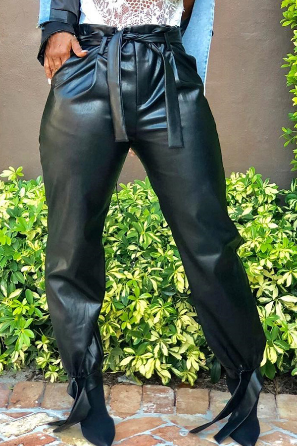 

Lovely Casual Lace-up Black PU Pants