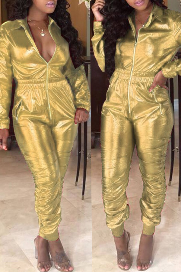 

Lovely Trendy Zipper Design Gold One-piece Jumpsuit