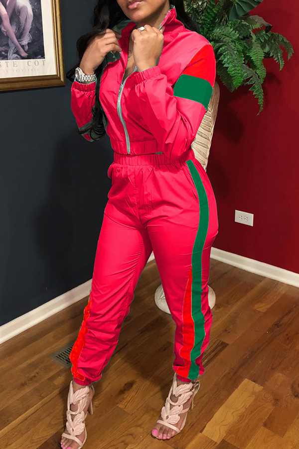 

Lovely Casual Patchwork Rose Red Two-piece Pants Set