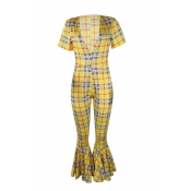 Lovely Sexy Grid Printed Yellow One-piece Bell-bot