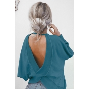 Lovely Fashion Round Neck Back Hollow-out Blue Kni