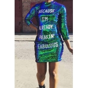 Lovely Sexy Long Sleeves Letters Sequined Green Mi