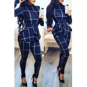 Lovely Casual Long Sleeves Plaids Blue One-piece J