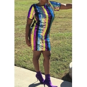 Lovely Sexy Multicolor Striped Sequined Mini Dress