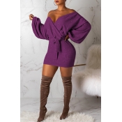 Lovely Fashion Puff Sleeves Purple Mini Dress