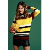 Lovely Casual Striped Patchwork Yellow Cotton Swea
