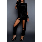 Lovely Casual Hollow-out Black Pleuche Two-piece P