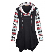 Lovely Casual Printed Patchwork Black Cotton Hoodi