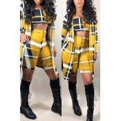 Lovely Casual Plaid Printed Yellow Twilled Satin T