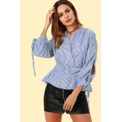 Lovely Casual Work Hollowed-out Striped Blue Blous