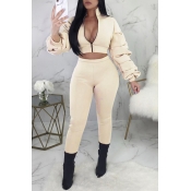 Lovely Vintage Puffed Sleeves Beige Two-piece Pant