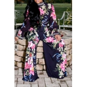 Lovely Casual Floral Printed Dark Blue Two-piece P