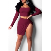 Lovely Trendy Side Slit Wine Red Two-piece Skirt S