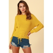 Lovely Trendy Lace-up Yellow Sweaters