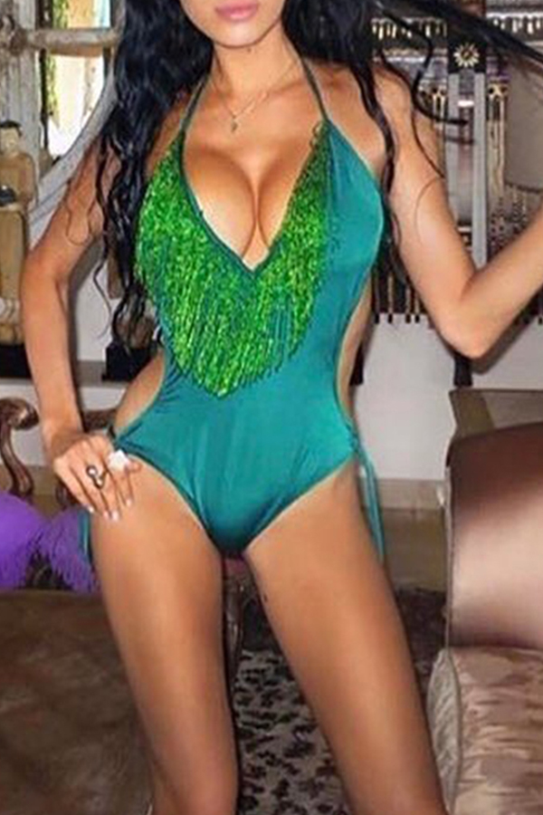 

Lovely Sexy Tassel Design Grreen One-piece Swimwear