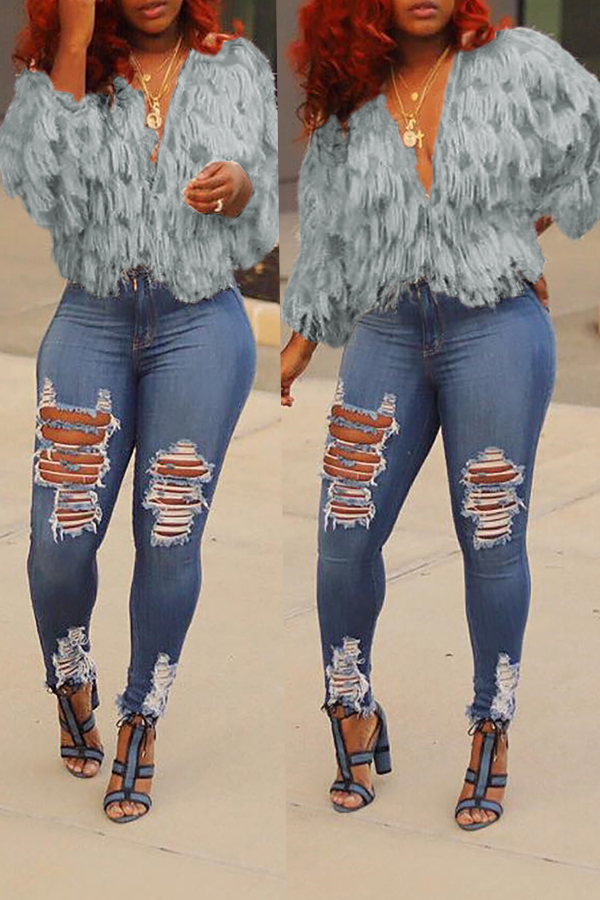 

Lovely Casual Long Sleeves Blue Velvet Coat