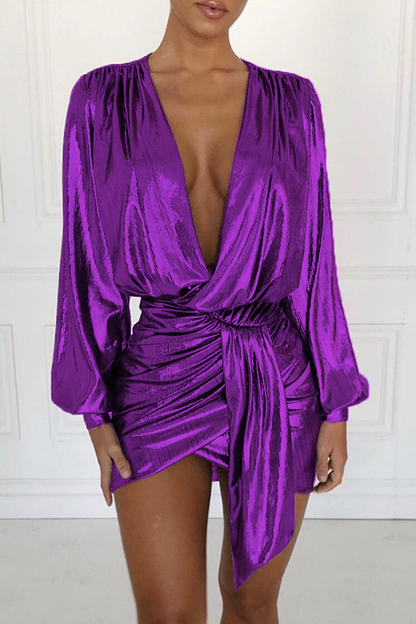 

Lovely Trendy Puffed Sleeves Purple Mini Dress