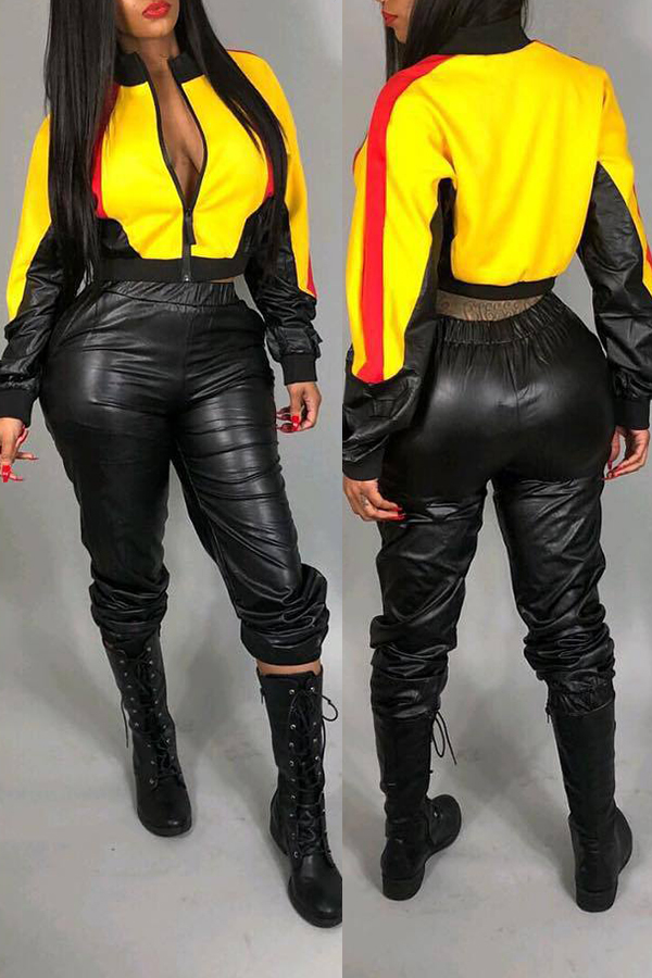 

Lovely Casual Patchwork Yellow PU Two-piece Pants Set