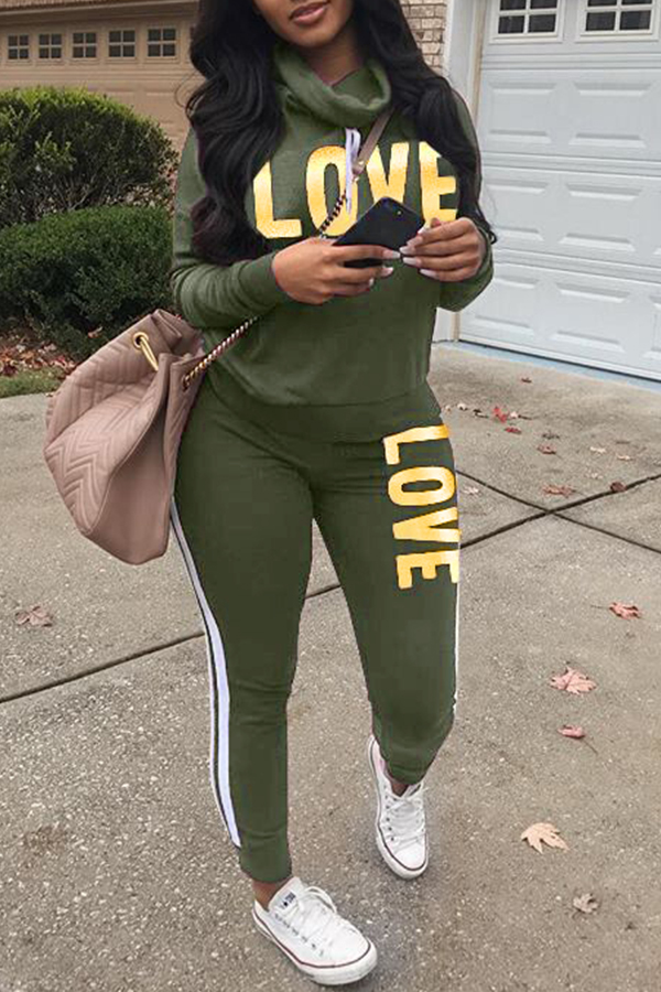 

Lovely Sportswear Letters Printed Green Twilled Satin Two-piece Pants Set