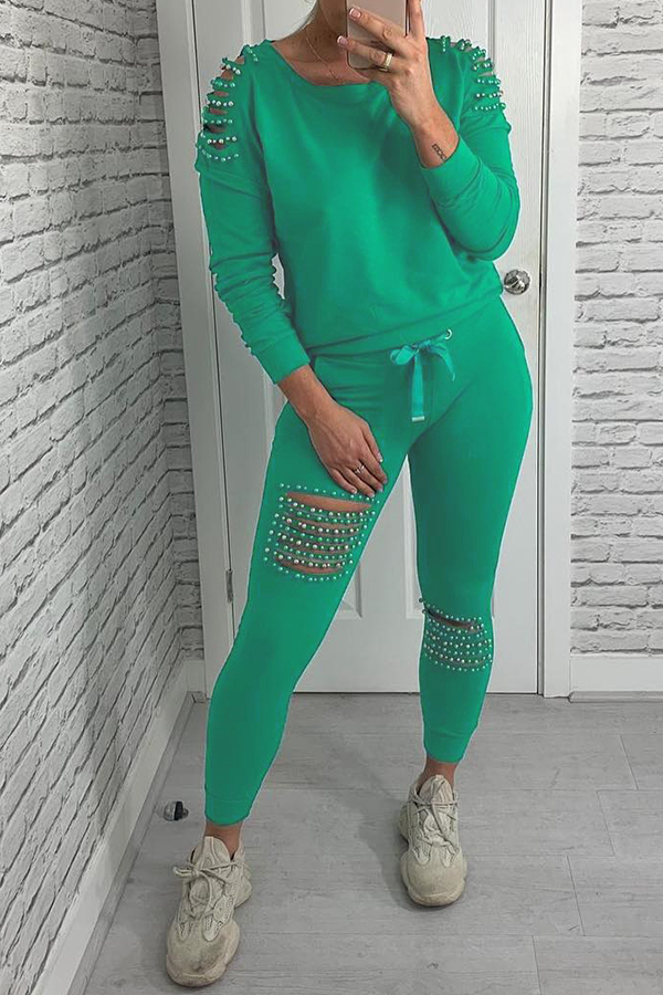 

Lovely Casual Hollowed-out Light Green Twilled Satin Two-piece Pants Set