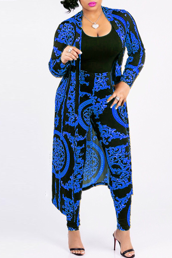 Lovely Casual Printed Blue Blending Two-piece Pants Set(Without T-shirt)