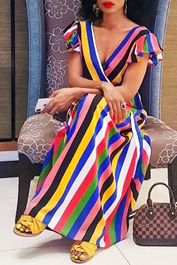 

Lovely Sweet Striped Multicolor Twilled Satin Ankle Length Dress