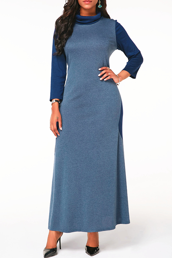 

Lovely Casual Patchwork Blue Cotton Blends Ankle Length Dress