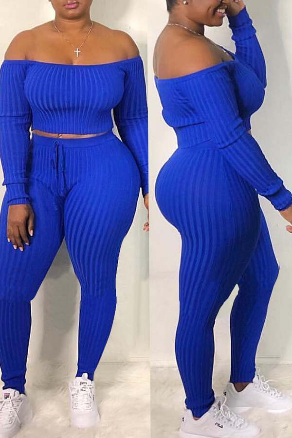 

Lovely Casual Dew Shoulder Blue Blending Two-piece Pants Set
