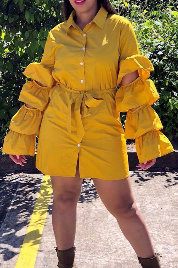 

Lovely Sweet Layered Flounce Yellow Blending Mini Dress