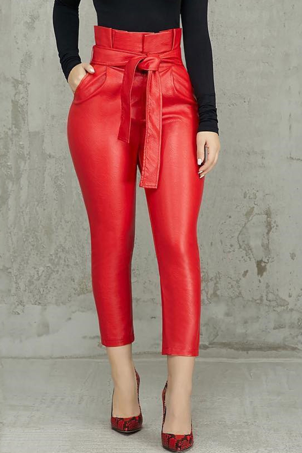 Lovely Trendy Lace-up Red PU Pants