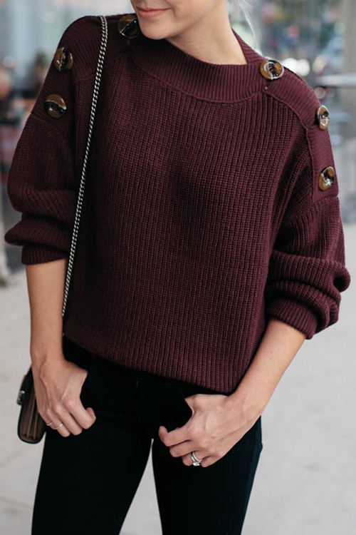 

Lovely Casual Buttons Decorative Wine Red Sweaters