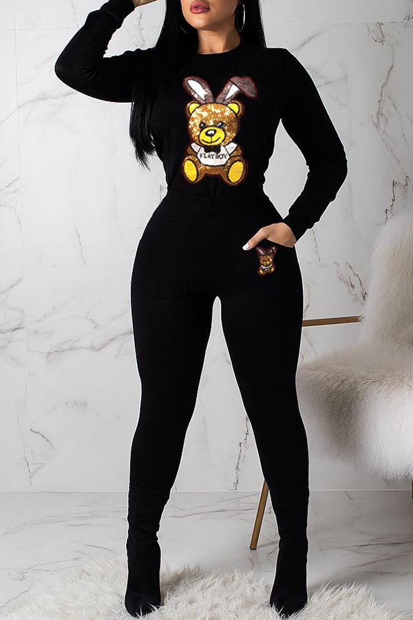 

Lovely Casual Patchwork Black Two-piece Pants Set