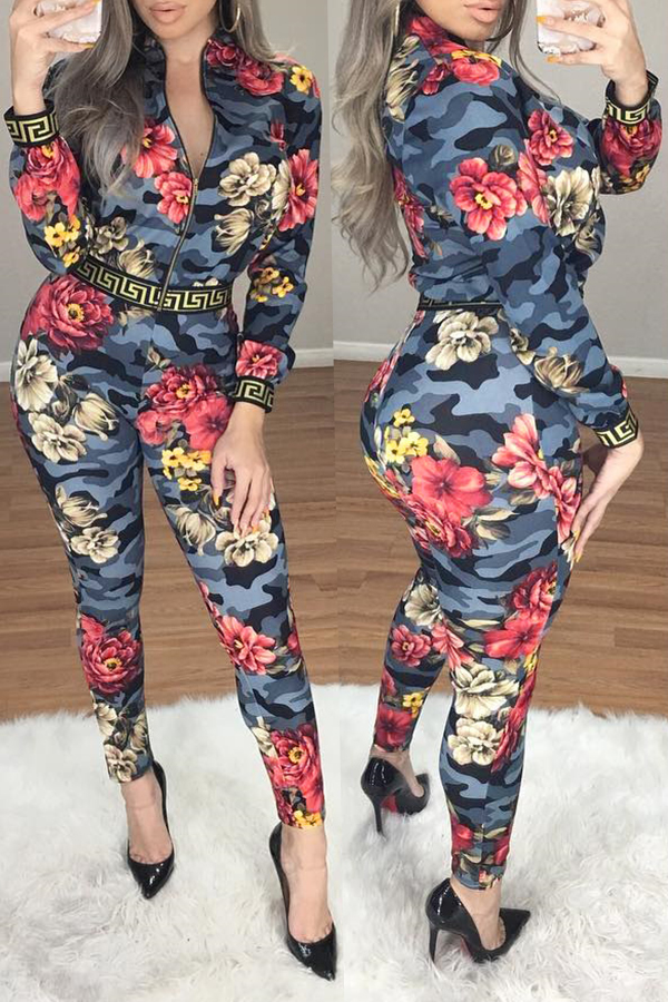 

Lovely Casual Floral Printed Multicolor Twilled Satin Two-piece Pants Set