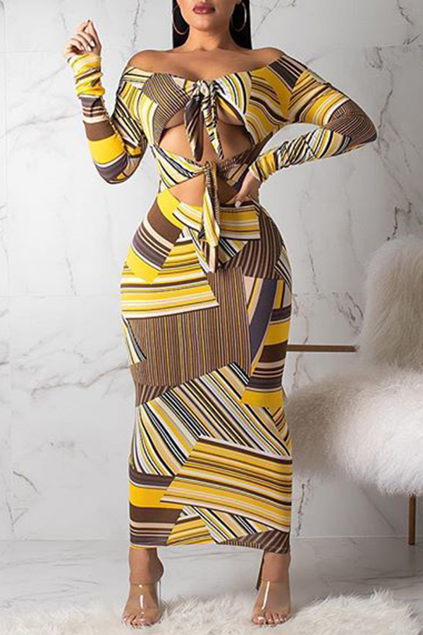 

Lovely Trendy Hollowed-out Yellow Mid Calf Dress