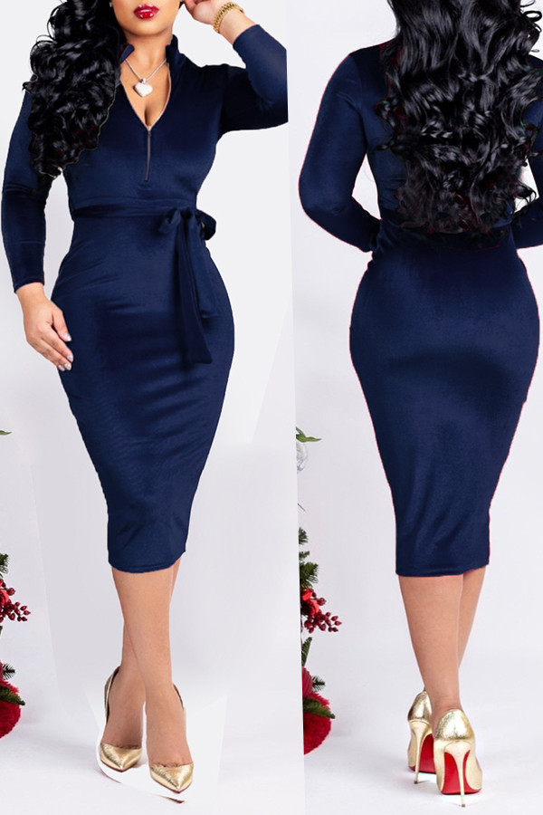 

Lovely Trendy Lace-up Dark Blue Pleuche Mid Calf Dress