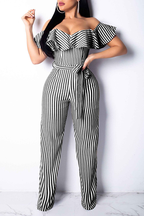 

Lovely Trendy Dew Shoulder Striped Black One-piece Jumpsuit (With Belt)
