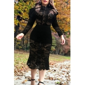 Lovely Chic Hollowed-out Black Lace Mid Calf Dress