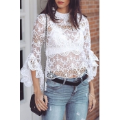 Lovely Chic Flounce Design White Lace Blouses